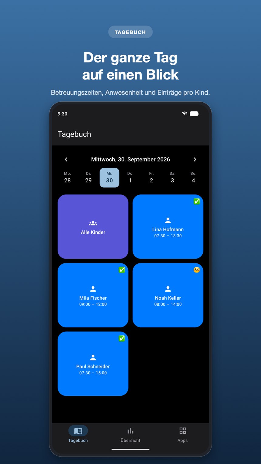 Tagebuch auf Android: Wochenleiste mit dem ausgewählten Tag, die Kachel „Alle Kinder“ und darunter je eine Kachel pro Kind mit Betreuungszeit und Anwesenheitszeichen.
