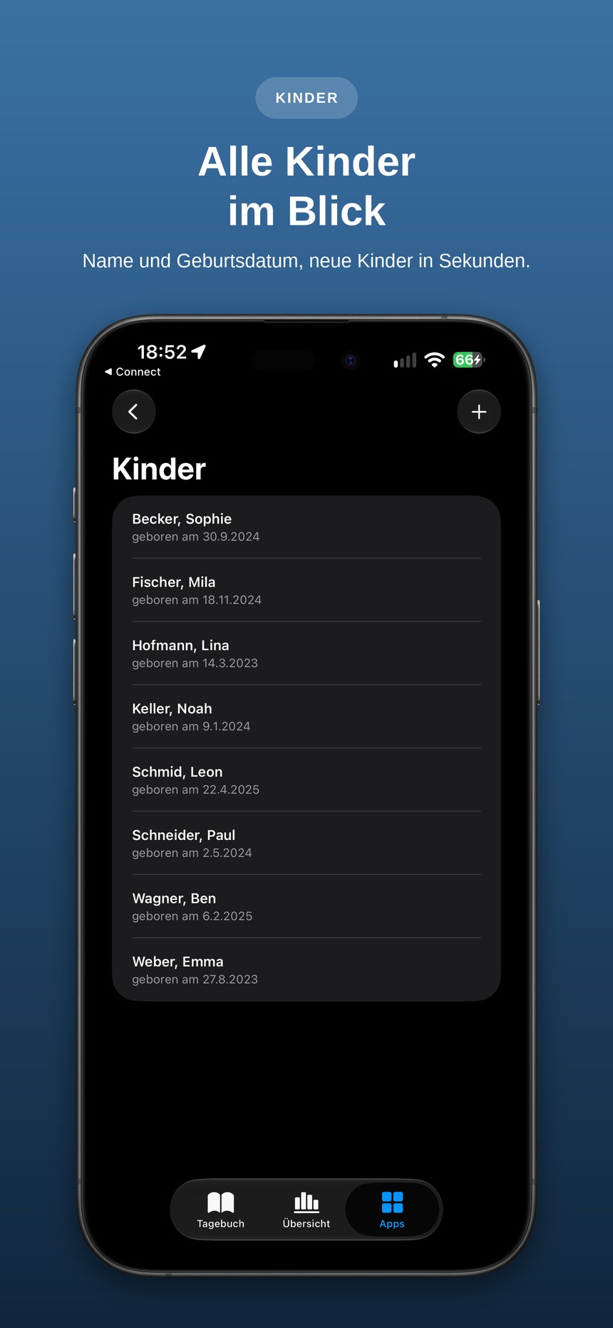 Liste aller Kinder mit Name und Geburtsdatum.