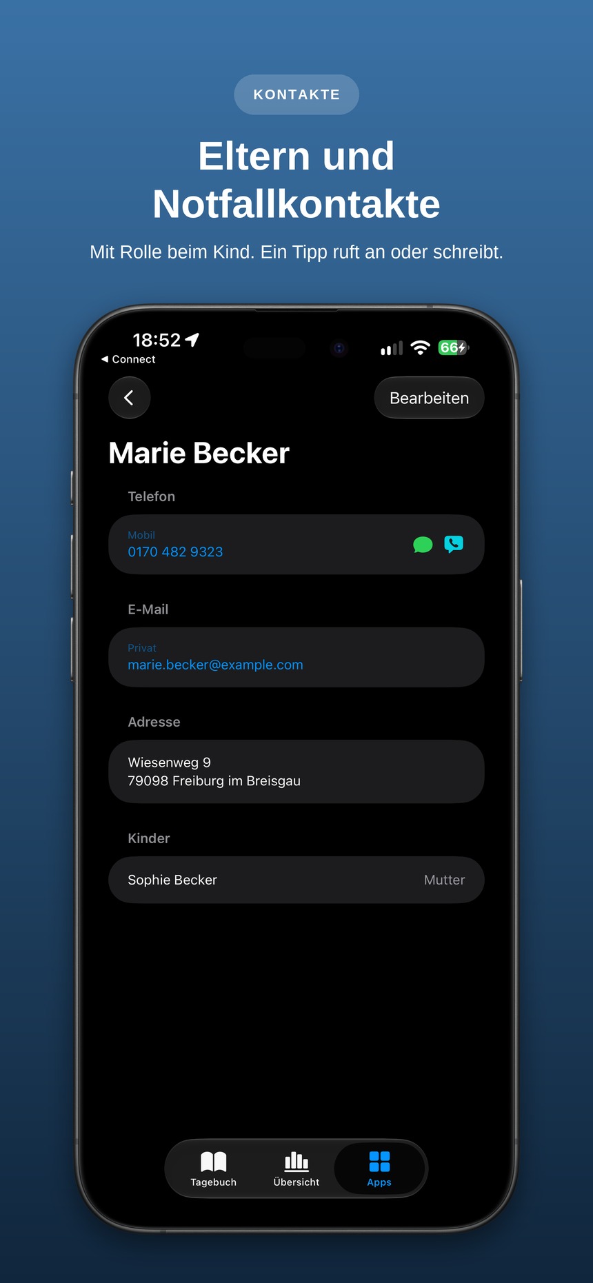 Kontakt einer Mutter mit Telefon, Nachricht, E-Mail, Adresse und dem verknüpften Kind samt Rolle.